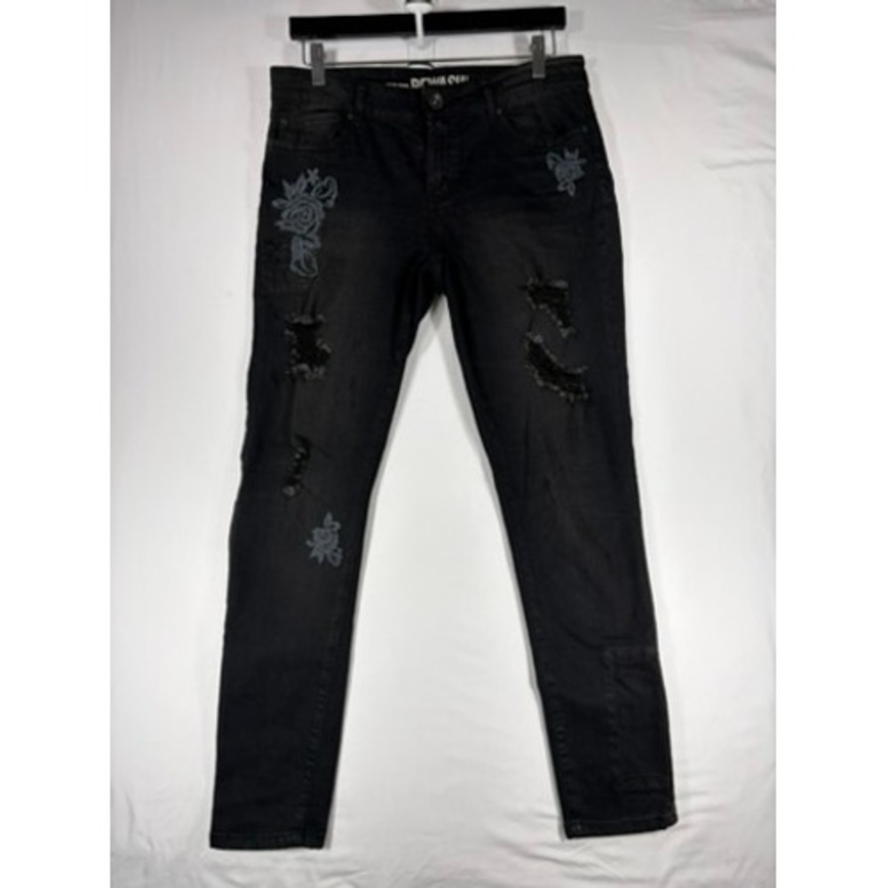 Rewash Skinny Jeans Women Size 11 Black Excellent Distressed Floral Embroidered